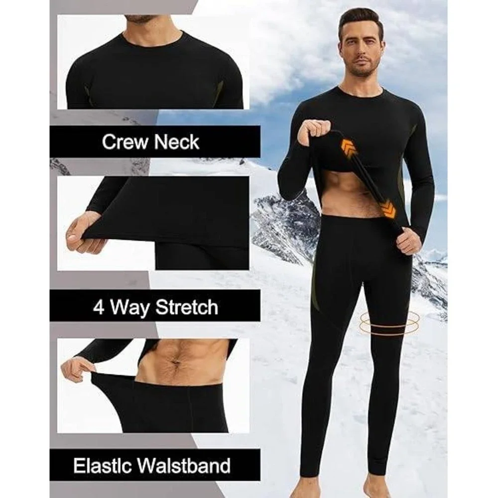 Mens Thermal Base Layer Set Micro Fleece Lined Long Johns Black Olive Size Large